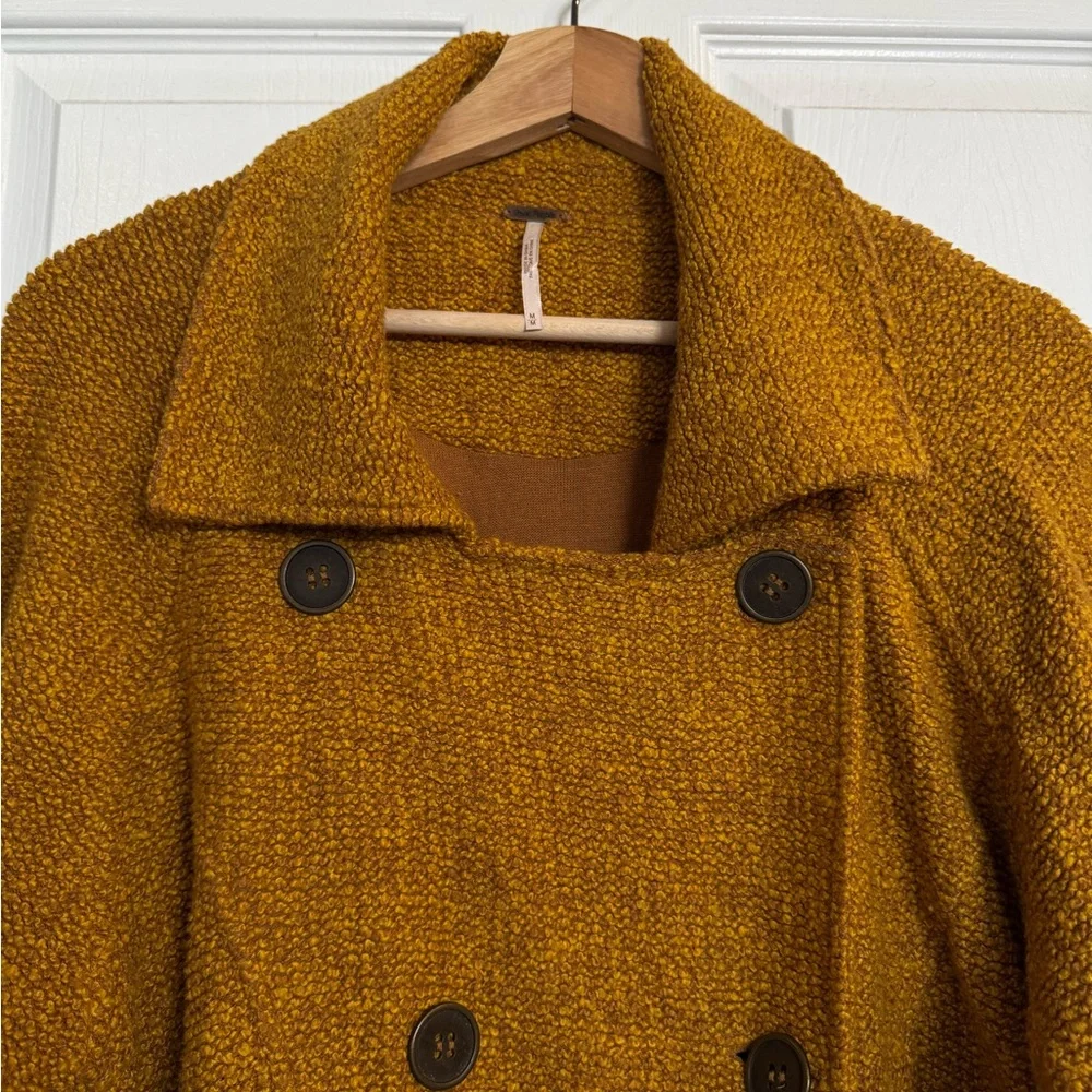Free People Mustard Textured Knit Belted Jacket Coat Size Medium Boho